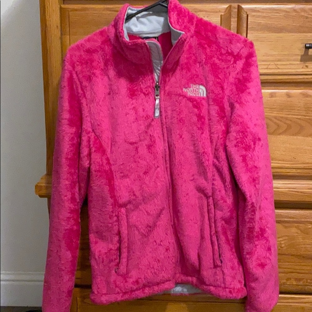 Pink fuzzy north face jacket